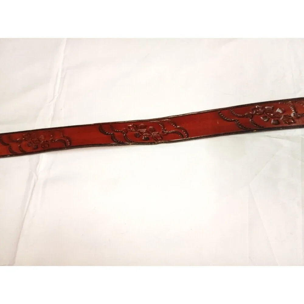Vintage 90s Made in USA Floral Tooled Leather Belt 18-3222 Solid Brass Buckle